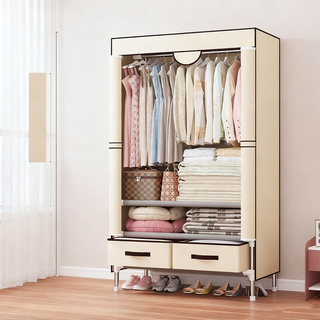 磁吸式防塵佈衣櫃 簡易衣櫥 75x45x170公分 米色 附兩抽屜, 米色75*45*170 配2屜