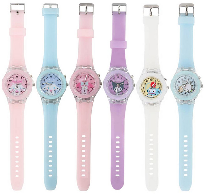 손목시계 산리오 버튼 누르면 LED 반짝이는 시계 바늘시계 가벼운시계 시나모롤 마이멜로디 쿠로미 포차코 한교동