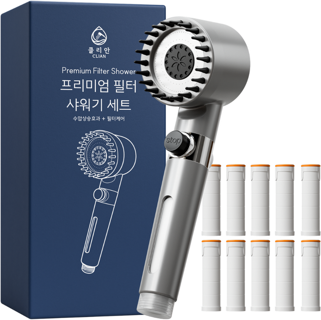 클리안 수압상승 고압 3단조절 필터 샤워기헤드, 다크그레이, 1개