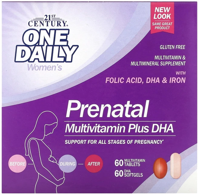 21st Century Prenatal 종합비타민/미네랄 + DHA 2병 정제 60정/소프트젤 60정, 21st Century Prenatal 종합..., 60정 - 쿠팡