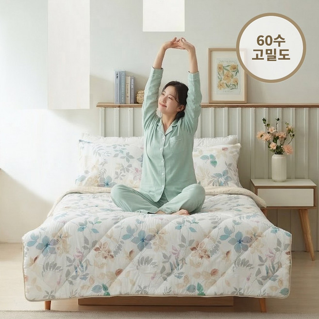 60수 고밀도 원단 여름 쾌적 뽀송 차렵이불 마이크로화이바 Q 퀸 180*210 베개커버 50*70 세트