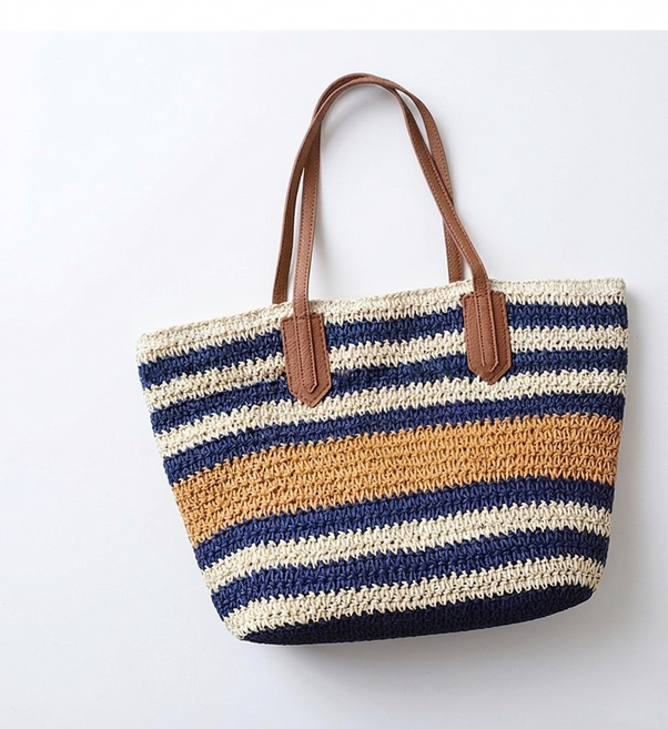 紙草編織條紋單肩托特包