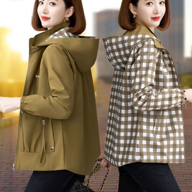 ROYALBELLE 여성 양면 심플 후드 집업 재킷 체크무늬 루즈핏 베이직 바람막이 자켓 케주얼 V82303