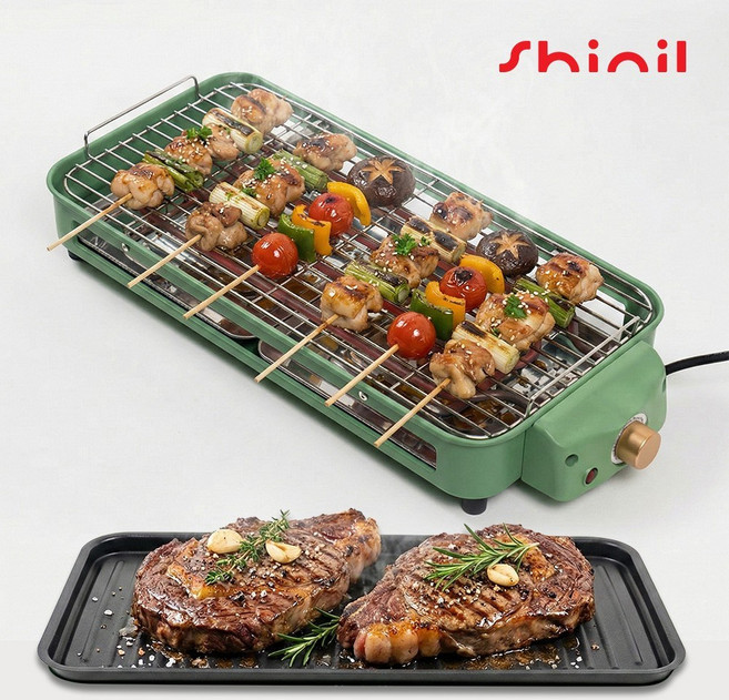 신일 전기그릴 바베큐 테이블그릴 삼겹살 캠핑 전기 바비큐그릴 꼬치용 석쇠 가정용, 그린