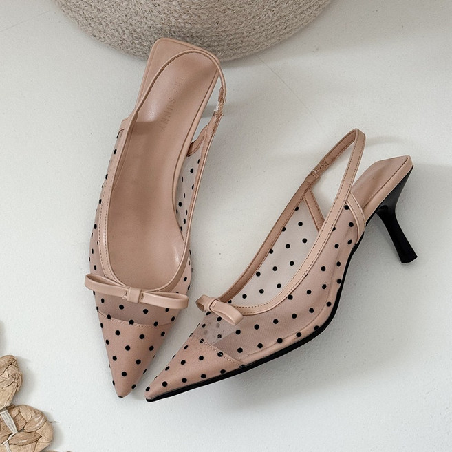 슈카롱 도트 시스루 망사 땡땡이 스틸레토 슬링백샌들 하이힐 7cm