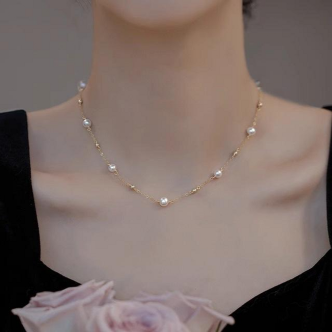 NXNA 14K 골드 도금 트렌디 심플한 안개꽃 담수진주 여성용 고급스러움 살린 니트 목걸이 CS-XL029