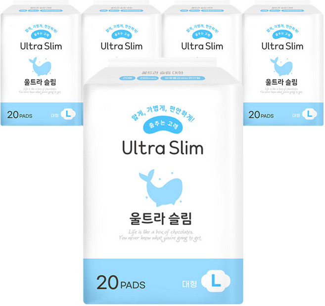 춤추는고래 대용량 슬림 생리대 날개형 총 100매, 대형, 20개입, 5개