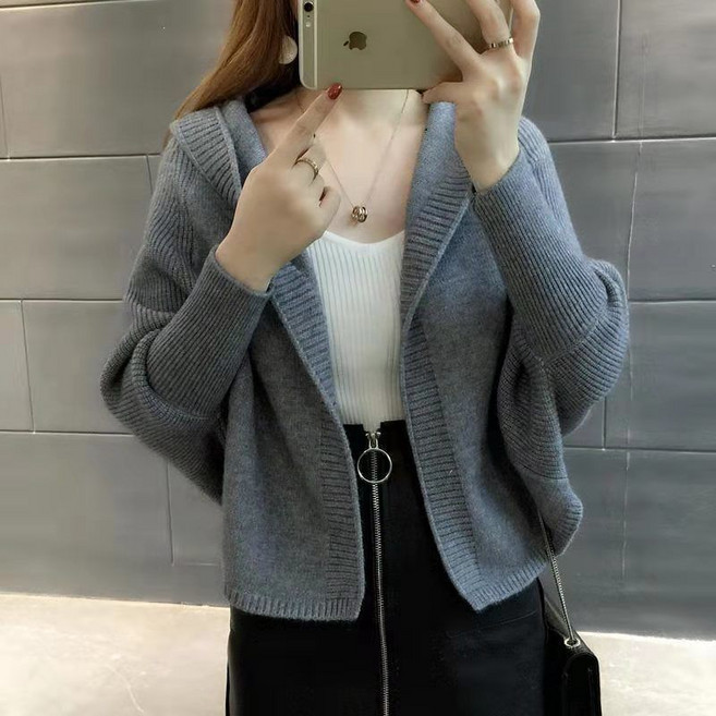 라오농 박쥐 소매 캐러밴 느슨한 니트 스웨터 카디건 짧은 목도리 후드 재킷