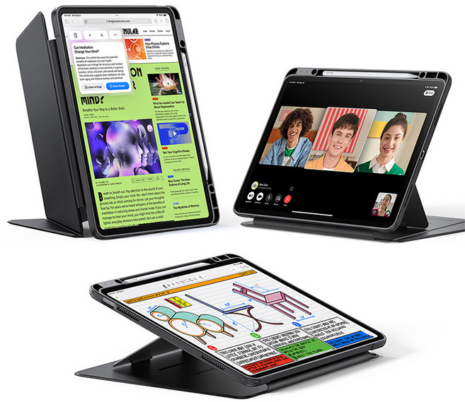 ESR 아이패드 플립 마그네틱 펜슬 수납 3단 거치대 케이스, 블랙, 1개