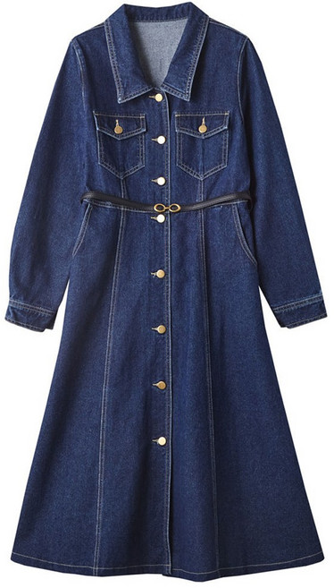 ROYALBELLE 여성 페션 세련된 데님 긴팔 롱 원피스 허리 벨트링 빈티지 포켓 청치마 Y070105