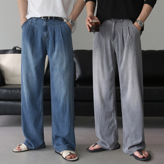 베이직바이블 -5도 린넨 아이스 쿨링 텐셀 투턱 와이드 데님 팬츠(4color)