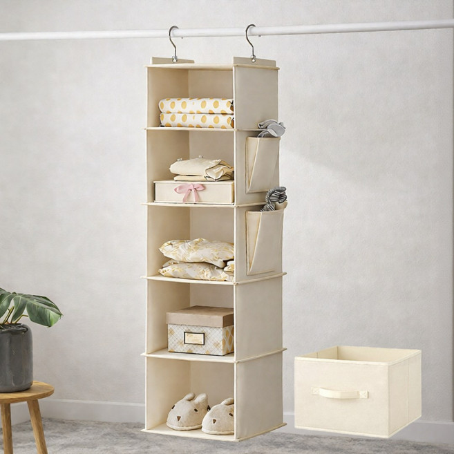 행잉 오거나이저 5단 옷장 정리 서랍형 수납함, 베이지, 1개