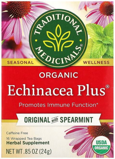 겨울선물 Traditional Medicinals 유기농 에키네시아 플러스 오리지널 스피어민트 함유 카페인 무함유 포장 티백 16개입 24g(0.85oz) 건강선물, TraditionalMedicinals유기농Echina, 1개, 16개