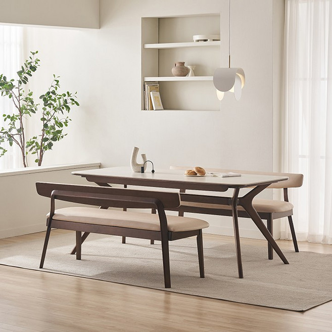 삼익가구 비안트 포세린 세라믹 원목 식탁 1400/1800 풀세트, 04. 6인용 1800 식탁세트(벤치2), 월넛(화이트)