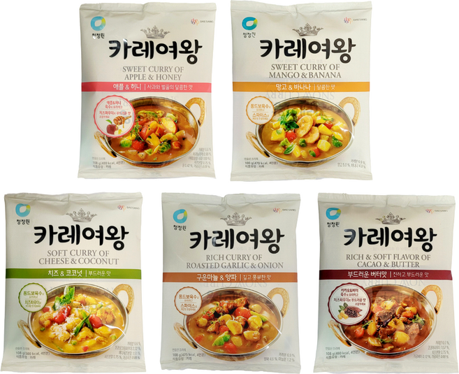 청정원 카레여왕 108g (애플허니+망고바나나+치즈코코넛+구운마늘양파+버터맛), 1세트, 540g