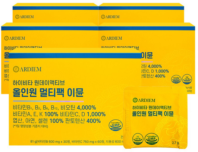 아르디엠 하이비타 원데이액티브 올인원 멀티팩 이뮨 멀티비타민 2.7g x 30포, 5개, 30회분