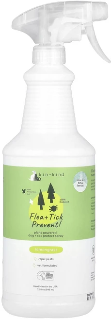 Kin+Kind 벼룩 + 진드기 방지! 식물성 반려견 + 반려묘 보호 스프레이 레몬그라스 946ml(32fl oz), KinKind벼룩진드기방지식물성반려견반려묘보호스프레이레, 1개, 946ml - 쿠팡