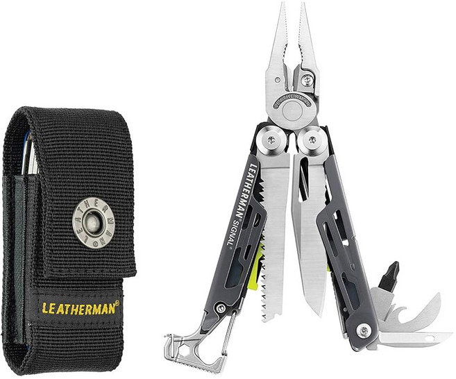 레더맨 시그널 야외 캠핑 하이킹 낚시 생존 내구성 및 경량 EDC를 위한 19-in-1 멀티 툴 미국산 지형 인쇄물, Grey/Yellow, Grey/Yellow