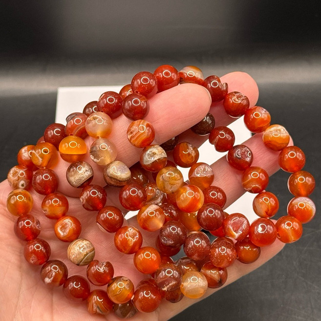 【牛老爹】招財 紅瑪瑙 開口笑 手鍊 10m 手圍16.5 晶體美 帶紋路帶礦閃 手串, 1個