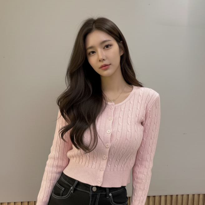 앤코 세미 크롭가디건 여성 꽈배기 니트가디건