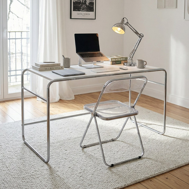 나인홈 클리어 모던 데스크 미드센추리 철제 크롬 다용도 테이블 입식 책상 1200, 화이트