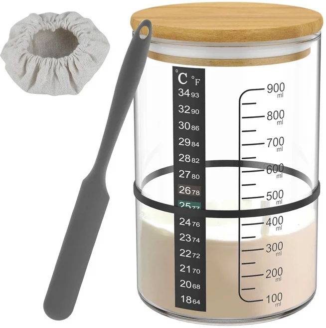 900ml 사워도우 스타터 항아리 키트 대용량 재사용 가능한 용기 와이드 입 유리 발효, 01 1 set