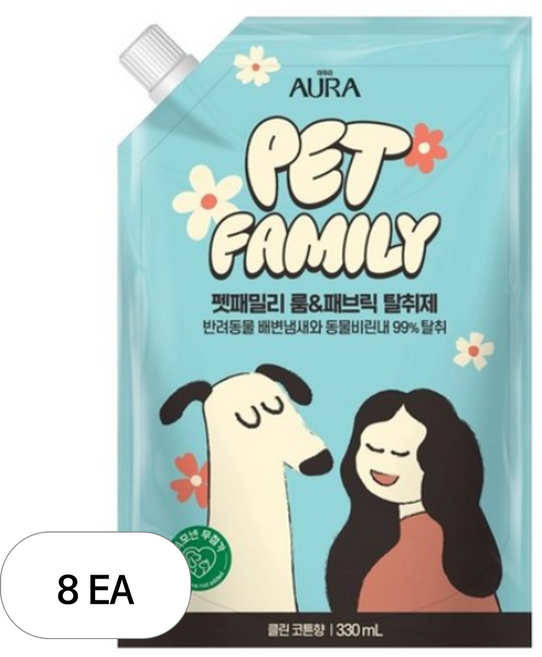 아우라 펫패밀리 룸 앤 패브릭 탈취제 클린코튼향 리필, 330ml, 8개