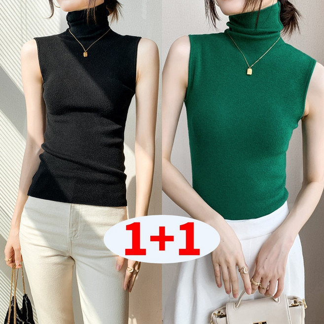 Asure 여성나시 니트 나시 터틀넥 기본 티셔츠 1+1