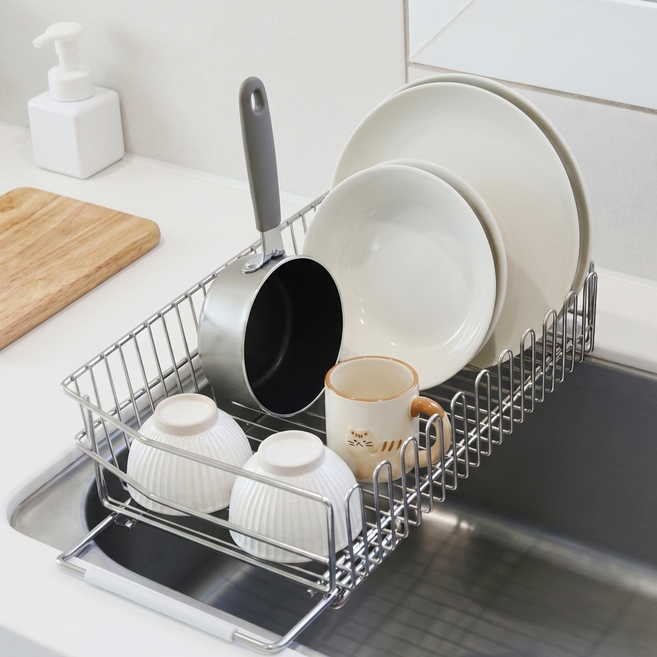 잔비오 304 스텐 길이조절 식기건조대 싱크대 확장형 물빠짐, 실버, 1개, 1단