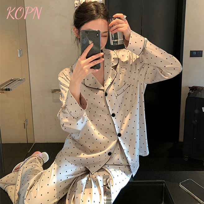 KOPN 고급 웨이브 포인트 춘추 어누나풍 빙사 단면 잠옷 여자 긴팔 터틀넥 가정복 2종 세트