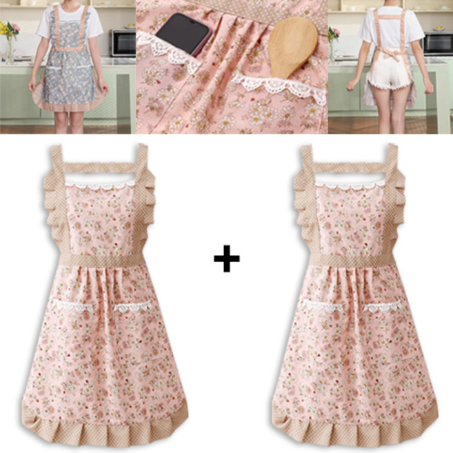 올라이이프지 1+1 예쁜 방수 포켓 플라워 앞치마 이쁜 레이스, 2개, 핑크/핑크