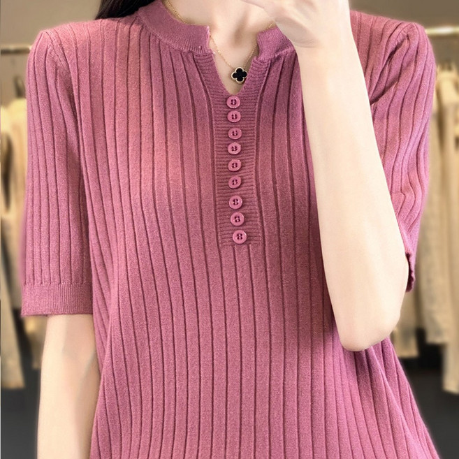 여성 골지 반팔 니트 티셔츠 브이넥 버튼 슬림핏 여름 데일리 니트티 13컬러