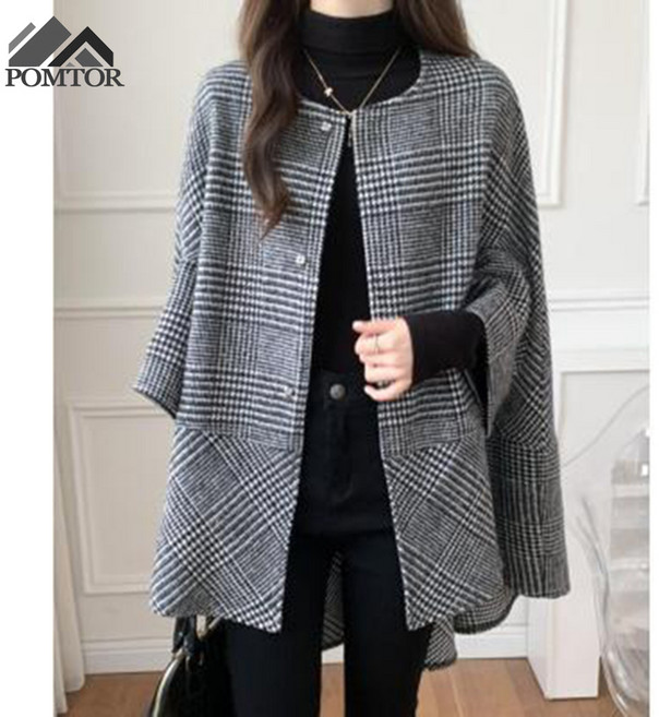 POMTOR 가을 겨울 여성 케이프 코트 체크 미디 카디건 코트