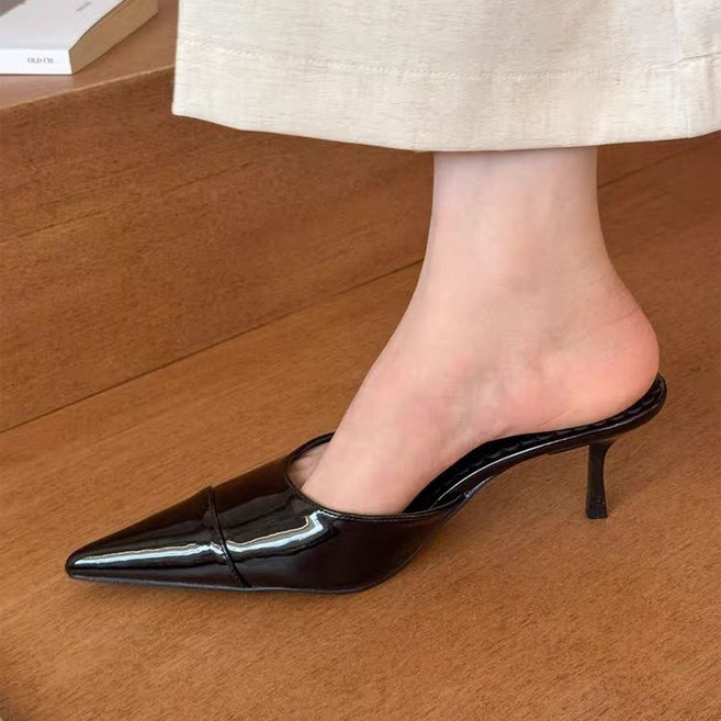 尖頭包頭拖高跟鞋女 韓式細跟淺口后空漆皮穆勒鞋, 1個, 黑色【時尚百搭】39