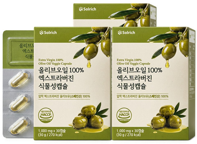 올리브오일 100% 엑스트라버진 식물성캡슐 HACCP 식약청인증, 3개, 30정