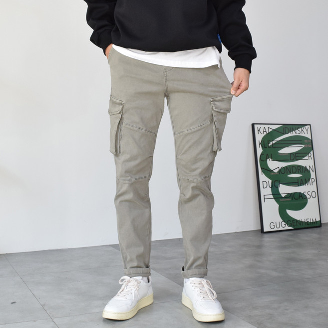 뉴에스지 S-2XL 빈티지 워싱 사선 건빵 카고 스판 밴딩 치노팬츠