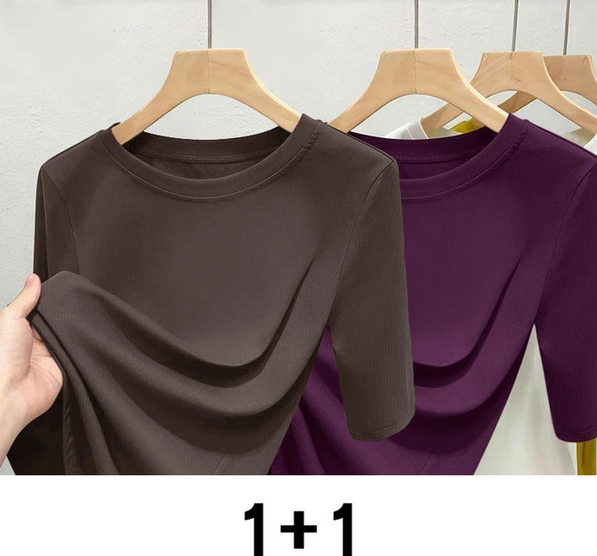 1+1 중년 여성 반팔 티셔츠 봄 여름 엄마옷 심플 솔리드 라운드넥 티셔츠 캐주얼 코디 여자 5부 소매 상의 WMY