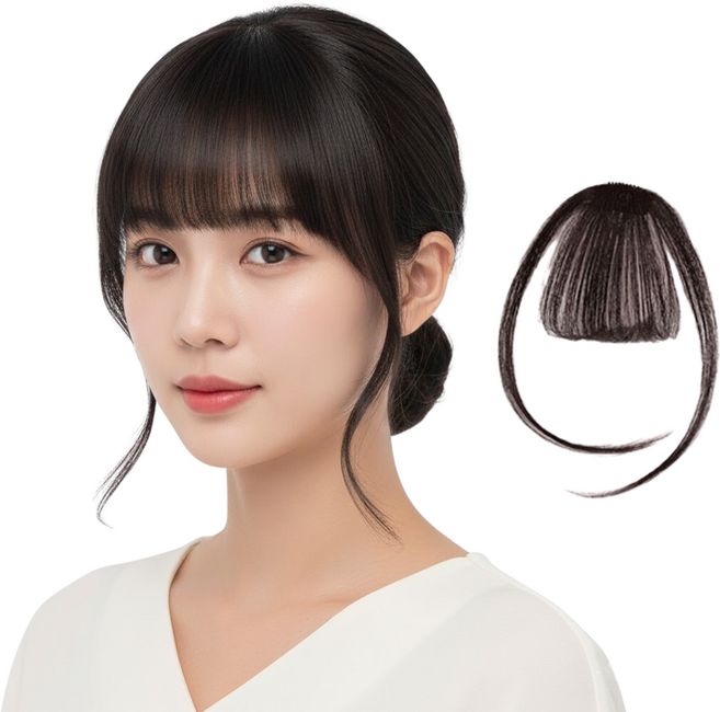 원그리드 인모 100% 사이드뱅 시스루뱅 앞머리 볼륨 여성 부분가발, 1개, 네츄럴블랙(얼굴라인커버형)