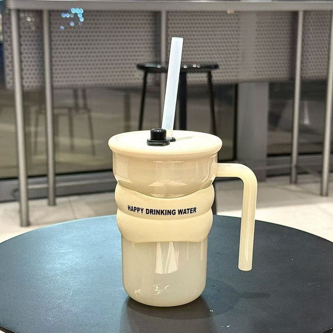 AURALA 여성용 물컵 내열 플라스틱 귀여운 학생형 휴대용 신형 손잡이 빨대컵, 1개, 500ml, 베이지