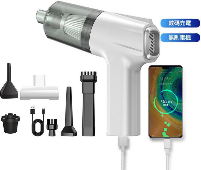 車載無刷吸塵器手持行動式 15000PA大吸力 吹/抽/吸/充四合一, 無刷電機靜溢白數碼充電, 如圖