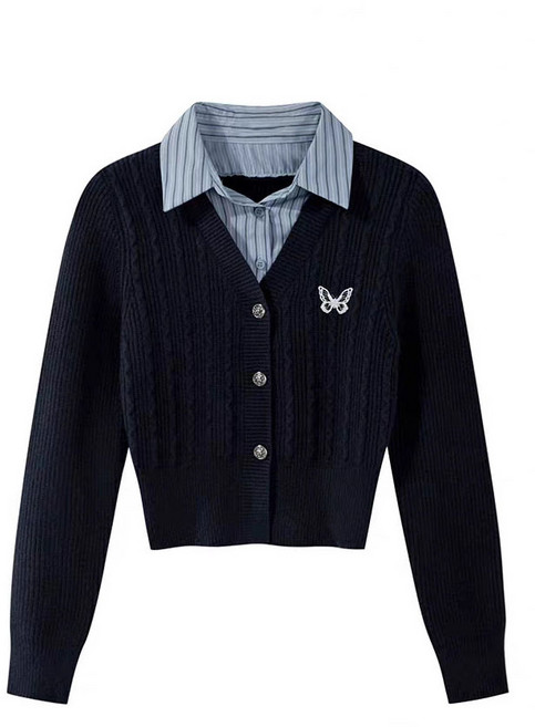 POMTOR 가을겨울 여성 니트웨어 V넥 스트라이프 스웨터 외투