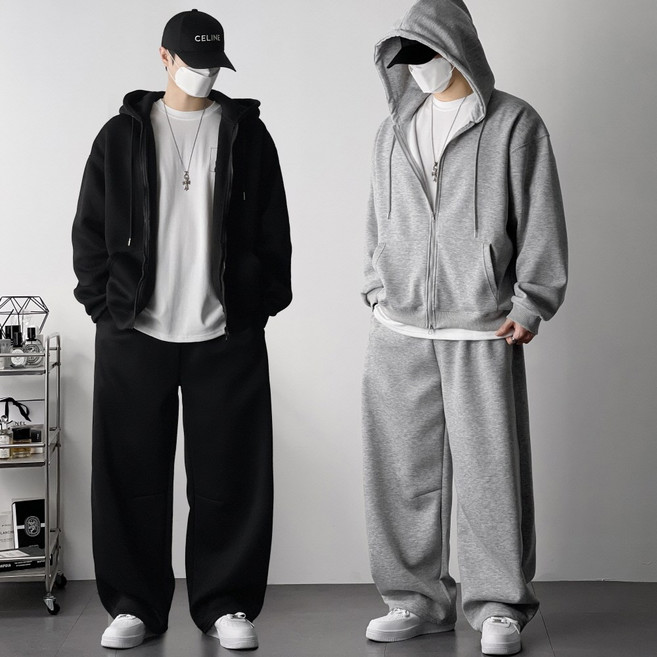오프앤 남자 무지 오버핏 후드 집업 + 커브드 팬츠 셋업 트레이닝복 츄리닝 상하 세트