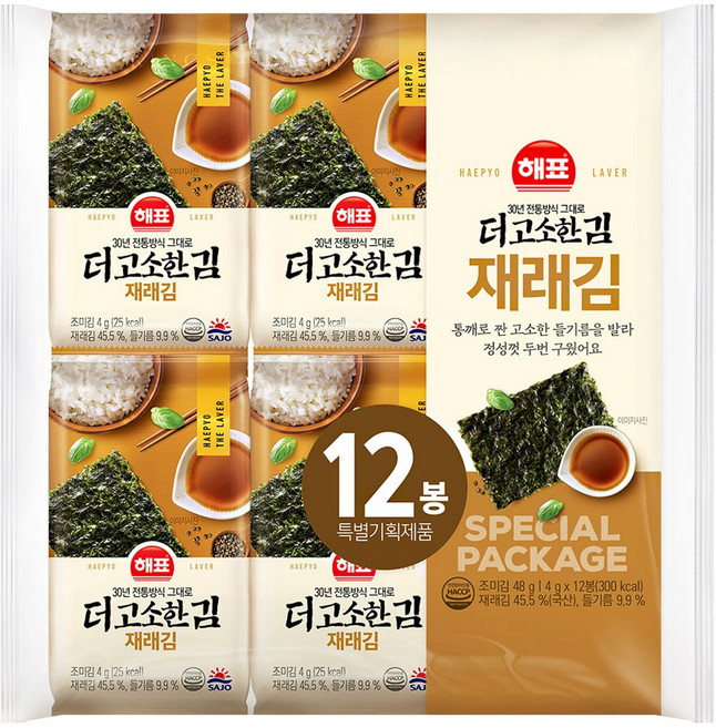 해표 더고소한 재래김 4g x 12봉, 3세트, 48g