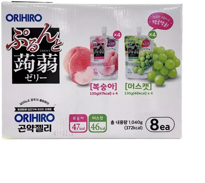 오리히로 곤약젤리 복숭아 130g 4개 + 샤인머스캣 130g 4개 (8개), 1개
