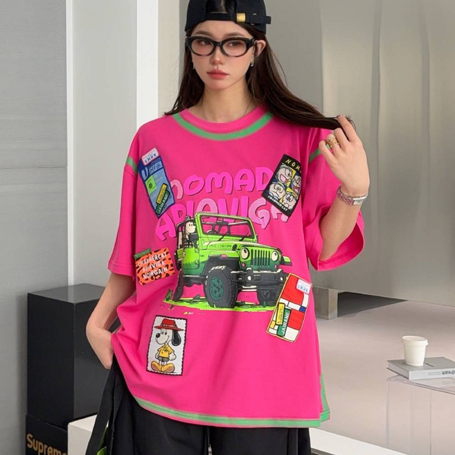 여성 오버핏 차량 그래픽 와펜 봉제 반팔 티셔츠 스트릿