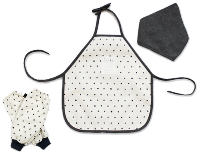 소아베 유아용 내추럴 도트 방수 앞치마 + 두건 + 파우치 + 토시 세트