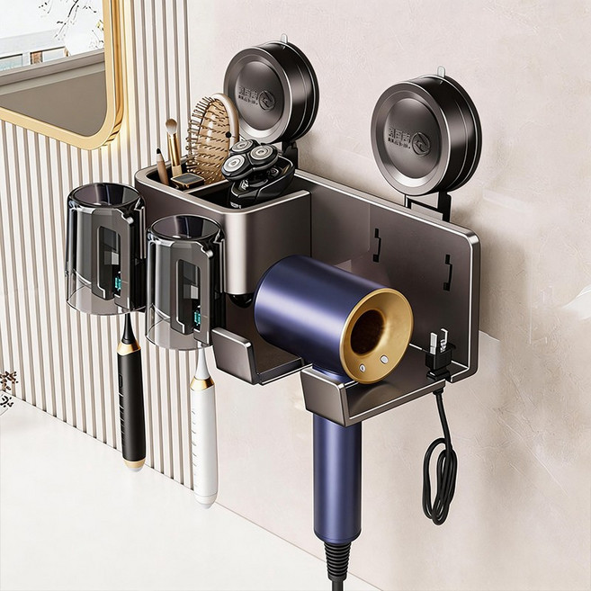 LY 무타공 흡반형 욕실 칫솔꽂이 헤어드라이기 거치대 일체형