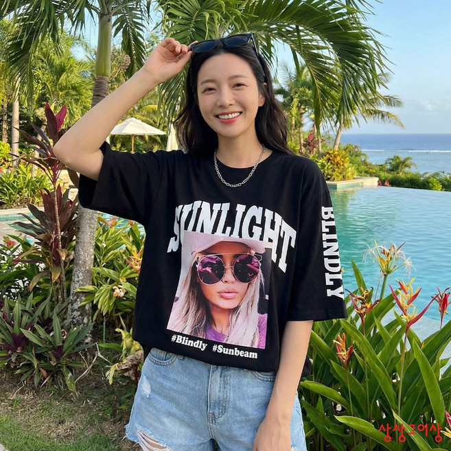 상상그이상 여성용 국내제작 썬라이트 반팔 티셔츠 빅사이즈 전사나염 포인트 힙 가려주는 오버핏 티셔츠 하의실종 활용도높은 사계절 데일리템 꾸안꾸룩