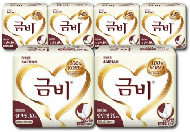 금비 남녀공용 속귀저기 고급형 패드형 성인기저귀, 일반형, 30개입, 6개