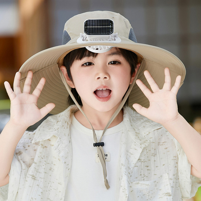 兒童涼感風扇遮陽帽, 卡其色1個挖洞多用風扇